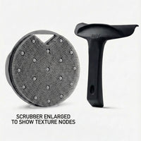 Hygiene Bundle: grey silicone body scrubber shown enlarged beside the black Body Squeegee