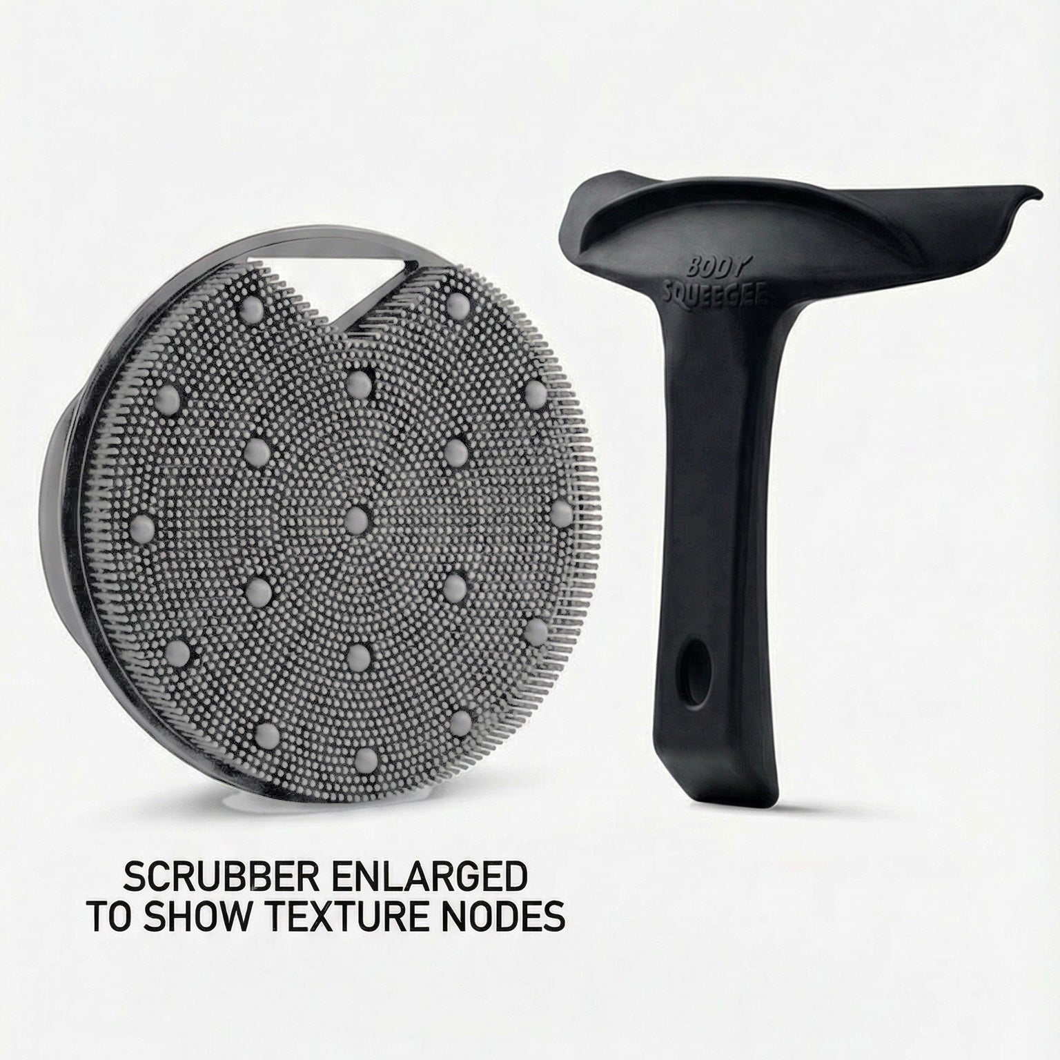 Hygiene Bundle: grey silicone body scrubber shown enlarged beside the black Body Squeegee